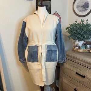 Premium Boutique Cream and Blue Denim Sleeve Jacket with Belt